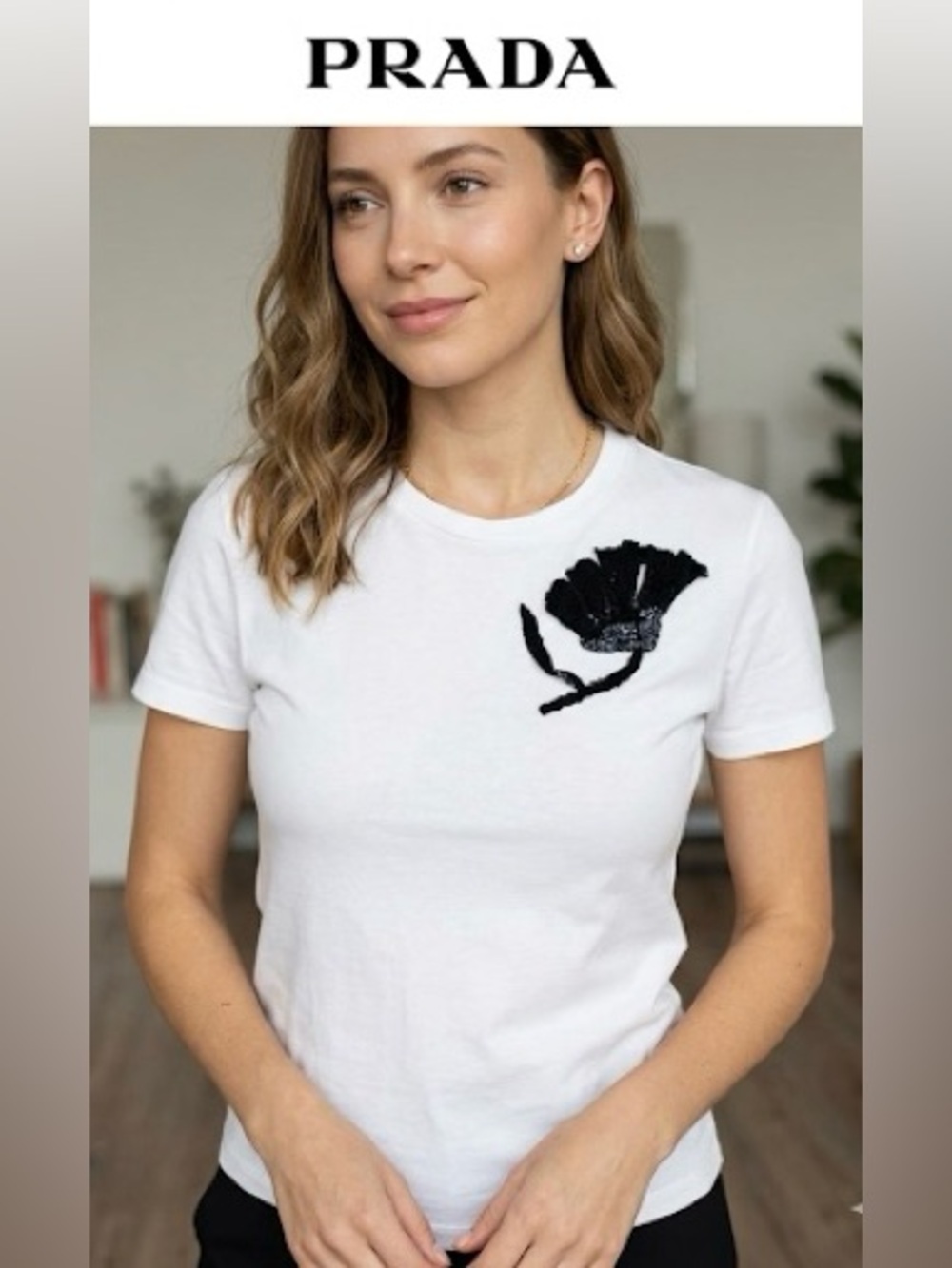 Prada White Tee with Black Floral Appliqué Accent